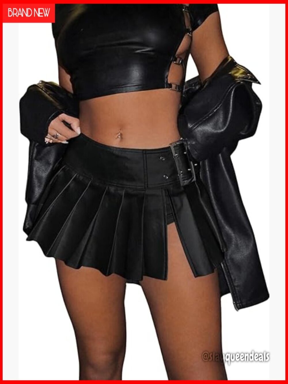 Metallic Mini Skirt Low Rise Buckle Detail Zipper Slit Pleated